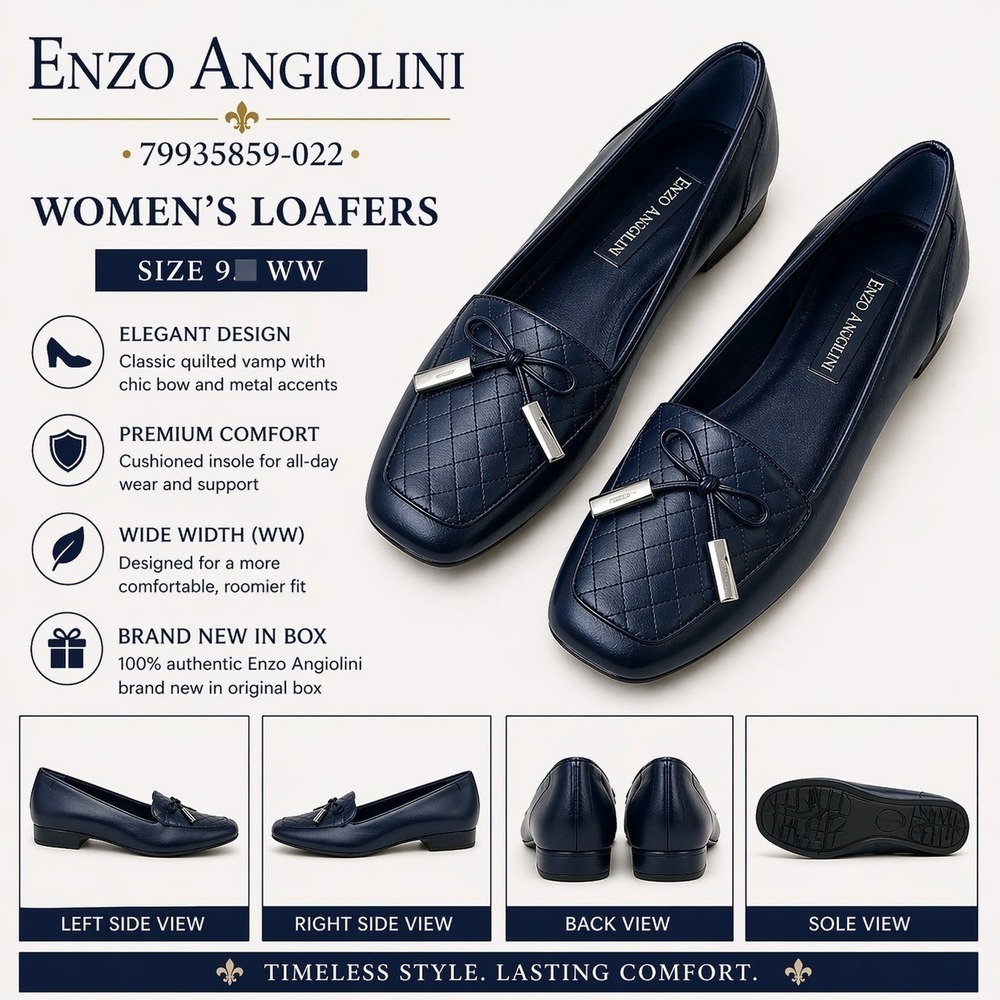 Enzo Angiolini Womens 9 WW Navy Quilted Loafers Bow Square Toe Wide AMW NEW